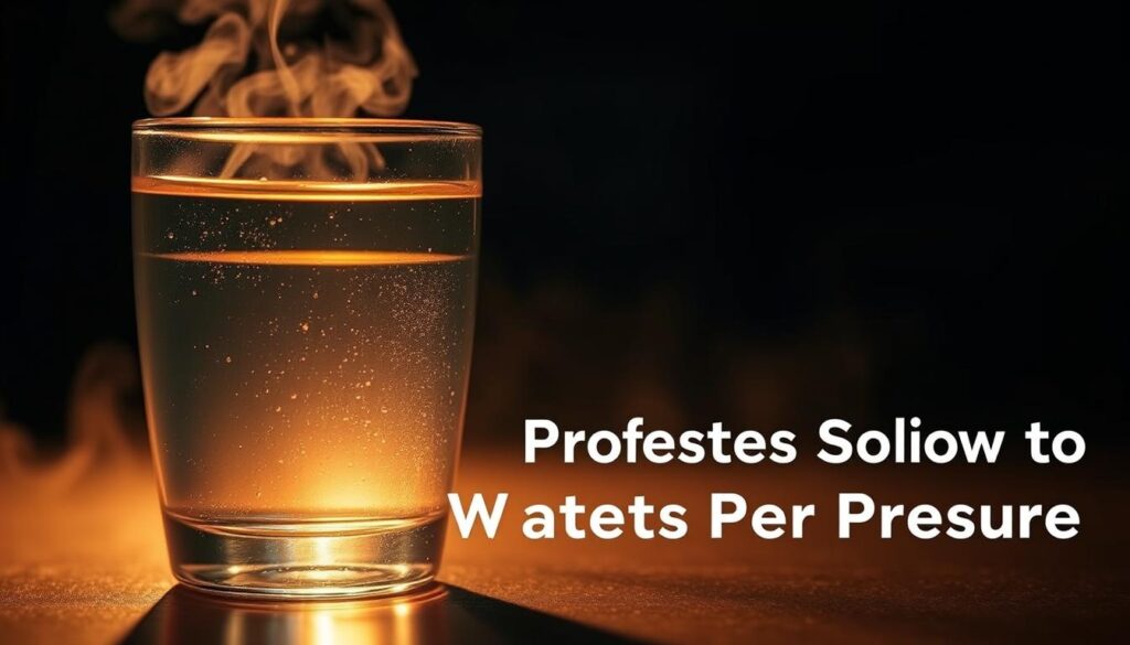 A steaming, transparent glass of hot water set against a dimly lit background, with a warm, inviting glow emanating from the liquid. The water's surface reflects the light, creating a soft, shimmering effect. In the foreground, the glass is angled slightly, highlighting the depth and clarity of the water. The lighting is subtle, with a touch of warm, golden hues that create a cozy, comforting atmosphere. The camera angle is slightly elevated, giving the viewer a sense of the water's temperature and the invitation to take a sip. The overall composition conveys the idea of a reliable, professional solution to low hot water pressure.