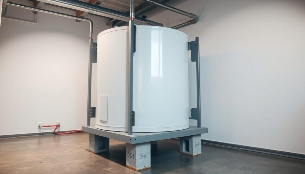 A structural support system for a hot water tank, featuring sturdy metal brackets and reinforced concrete base. The tank is situated in a well-lit utility room, with clean white walls and a polished concrete floor. Soft, diffused lighting illuminates the scene, casting gentle shadows that accentuate the tank's curves and the brackets' angles. The camera angle is slightly elevated, providing a clear view of the tank's placement and the supporting infrastructure. The overall mood conveys a sense of reliability, safety, and attention to detail in the installation of the hot water system.