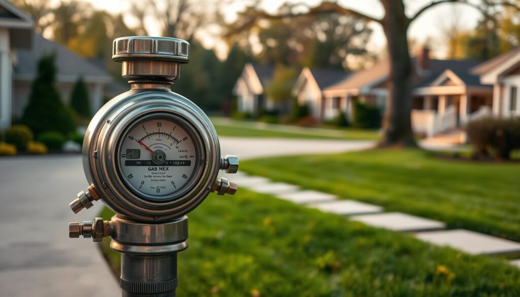 A sturdy, cylindrical gas meter standing prominently in the foreground, its metal casing gleaming under the warm, diffused lighting. The meter's analog display and various input/output valves are clearly visible, conveying a sense of technical precision. The middle ground shows the clean, well-maintained exterior of a residential home, with a neatly trimmed lawn and a paved driveway leading up to the meter's location. In the background, a tranquil, suburban neighborhood with mature trees and well-kept houses sets the scene, evoking a sense of domestic safety and security. The overall composition emphasizes the gas meter's importance as a critical component in the home's infrastructure, ready to be isolated in the event of a gas leak.