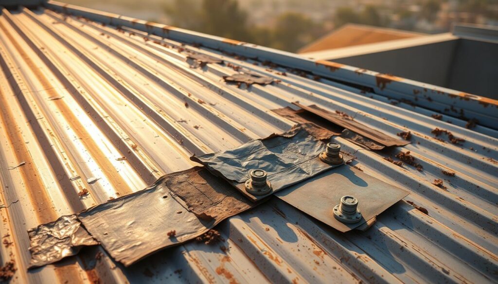 A sun-dappled metal roof, the surface scarred by streaks of rust and flaking paint. In the foreground, a collection of hastily applied patches - mismatched sealants, makeshift tarpaulin, and improvised metal flashing - a patchwork attempt to stem the flow of water. The middle ground reveals the underlying structure, weathered bolts and fasteners straining against the elements. Warm, golden light filters through, casting soft shadows that accentuate the uneven, temporary nature of these quick fixes. The background fades into a hazy, atmospheric distance, hinting at the larger context of the building and the ongoing struggle to maintain its integrity. This scene conveys the urgency and imperfection of quick patches, setting the stage for the need for professional repairs by OnCall Emergency Plumbers.