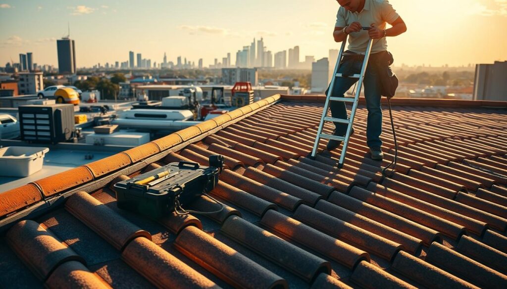 A sun-dappled rooftop, meticulously maintained, showcases the importance of preventative care. In the foreground, a worker inspects the tiles, ensuring they are securely fastened and free of cracks. The middle ground features a well-organized toolbox and a ladder, indicating the diligence required for proactive maintenance. In the background, the skyline of Melbourne's bustling cityscape serves as a backdrop, highlighting the practical necessity of keeping roofs in top condition to withstand the elements. The scene is bathed in warm, golden light, conveying a sense of tranquility and the satisfaction of a job well done. This image captures the essence of the "Preventative maintenance that minimises future leaks" section, underscoring the value of proactive roof care.