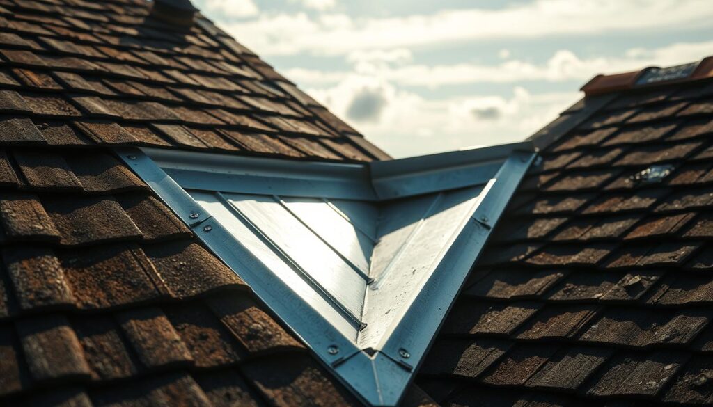 A sun-dappled valley nestled between two weathered, pitched roofs. The valley's galvanized metal surface glints in the warm light, its crisp lines and gentle curves contrasting with the rough, textured shingles above. Intricate flashing and sealants line the valley's edges, guiding water safely away. In the foreground, worn roof tiles and faded shingles hint at the need for repair, while the middle ground showcases the valley's key role in directing water drainage. The background features a cloudless sky, casting a serene, contemplative atmosphere over the scene. Captured with a shallow depth of field, this image emphasizes the valley's importance as the focal point of this roofing system.