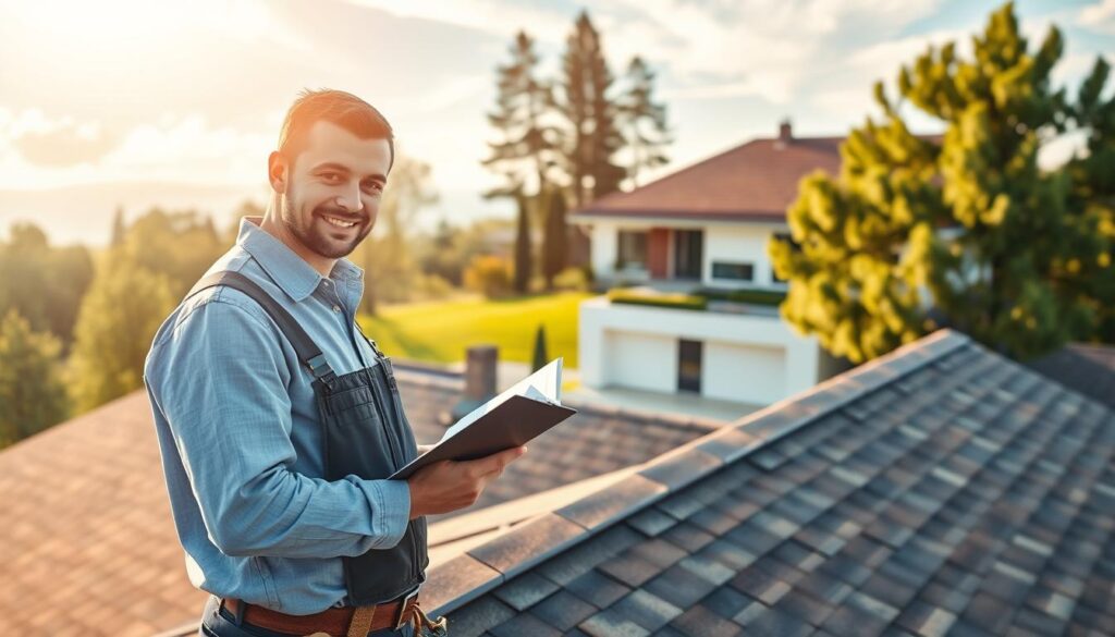 A sunny, warm afternoon with soft, natural lighting filtering through wispy clouds. In the foreground, a friendly, professional-looking man in a contractor's uniform stands on a well-maintained, gently sloping roof, clipboard in hand, meticulously inspecting the flashing and shingles. In the middle ground, a modern, two-story house with a well-manicured lawn and a few towering trees in the background. The scene conveys a sense of reliability, attention to detail, and a commitment to providing a fast, hassle-free roof inspection experience.