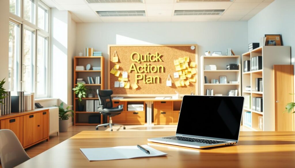 A sunny, well-lit office space with a clean, minimalist aesthetic. In the foreground, a desk with a laptop, notepad, and pen, conveying a sense of organized productivity. In the middle ground, a corkboard with sticky notes, highlighting "Quick Action Plan" as the central focus. The background features neatly arranged shelves, books, and a large window, creating a calming and professional atmosphere. The overall mood is one of efficiency, preparedness, and attention to detail, reflecting the subject of the article.