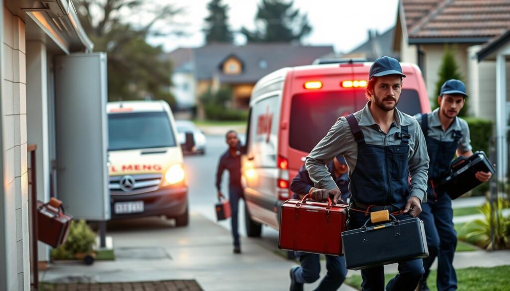 A team of experienced emergency plumbers in Melbourne, dressed in their uniform overalls, rushing to a residential address in a van with flashing lights. The foreground features the plumbers carrying their toolboxes and preparing to enter the building, conveying a sense of urgency and professionalism. The middle ground shows the plumber's van parked outside the house, with the company's logo prominently displayed. The background depicts a typical suburban street, with other houses and vehicles, creating a realistic urban setting. The lighting is natural, with a slight warm tone, highlighting the plumbers' decisive actions. The overall atmosphere exudes reliability, efficiency, and a commitment to rapid response, capturing the essence of the "Emergency plumber melbourne: rapid response you can trust" section.