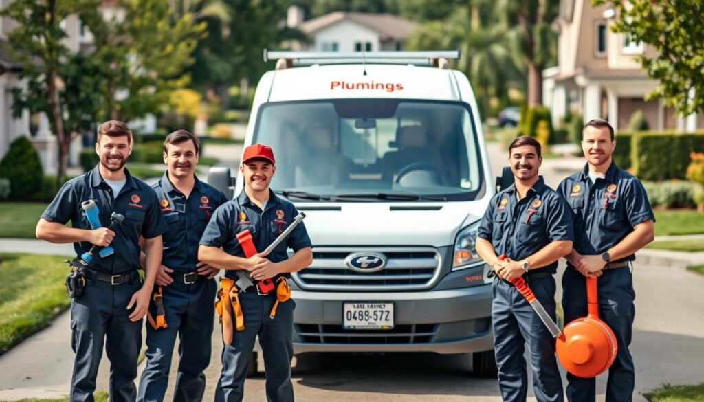 A team of experienced plumbers, dressed in professional uniforms, standing confidently in a well-lit residential setting. The foreground features the plumbers, each with a warm, friendly demeanor, holding a variety of tools and equipment needed to tackle a blocked drain. The middle ground showcases a well-maintained van with the company's logo prominently displayed, suggesting their reliability and expertise. In the background, a suburban neighborhood with neatly trimmed lawns and well-kept homes sets the scene, conveying a sense of professionalism and trustworthiness. The lighting is natural, casting soft shadows and highlighting the plumbers' faces, creating an inviting and approachable atmosphere.