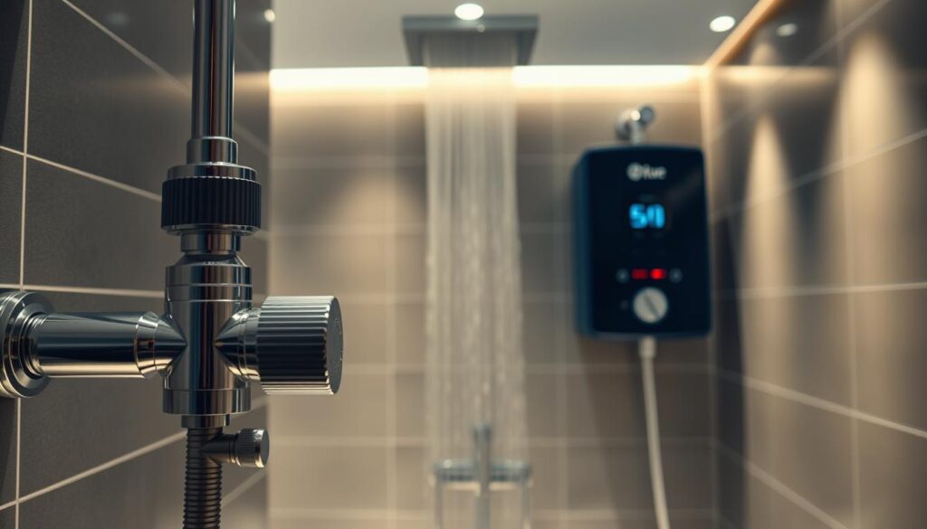 A temperature-controlled hot water system in a modern bathroom setting. The foreground features a sleek, chrome-finished thermostatic mixing valve with precision temperature adjustment. In the middle ground, a wall-mounted electric water heater with a digital temperature display. The background showcases high-quality tiling, recessed lighting, and a minimalist, spa-like atmosphere. The lighting is soft and diffused, creating a warm, inviting ambiance. The overall scene conveys a sense of safety, comfort, and compliance with Australian standards for scald prevention.