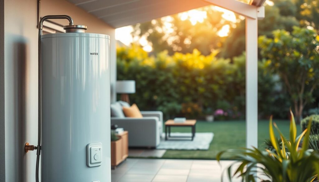 A tranquil scene of a modern Australian home, bathed in warm afternoon light. In the foreground, a gas water heater stands proudly, its safety features prominently displayed. The middle ground reveals a cozy living room, with comfortable furnishings and a sense of domestic harmony. In the background, a lush, verdant garden provides a calming natural backdrop, conveying a secure and well-maintained environment. The overall atmosphere emanates a feeling of reassurance and compliance, highlighting the importance of proper gas and water system maintenance for the safety and well-being of the household.