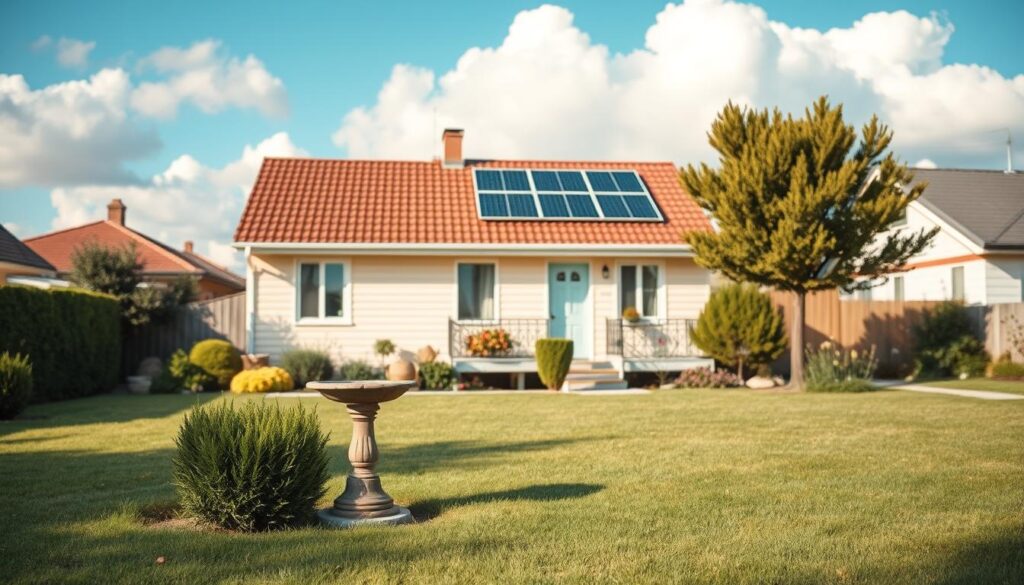 A tranquil suburban scene on a weekend public holiday. The foreground features a well-manicured lawn dotted with neatly trimmed shrubs and a birdbath. In the middle ground, a cozy single-story house stands, its exterior painted in a soft pastel shade. The roof is adorned with solar panels, hinting at sustainable living. The background showcases a clear blue sky, with fluffy white clouds drifting lazily overhead. A sense of peaceful solitude and community harmony pervades the scene, captured through warm, natural lighting and a slightly soft, diffused focus. The overall atmosphere conveys the serenity and relaxation associated with weekends and public holidays.