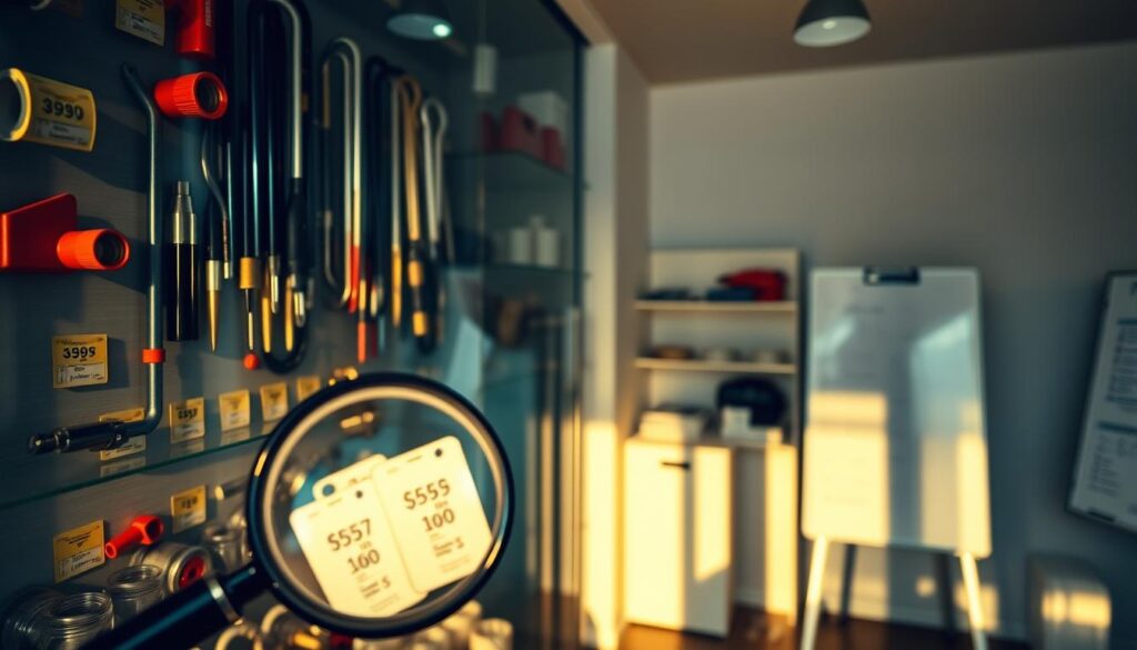 A transparent glass display case showcases various plumbing tools and parts, illuminated by warm, directional lighting that casts long shadows. In the foreground, a magnifying glass hovers over pricing tags, emphasizing the clarity and attention to detail. The middle ground features neatly organized shelves, conveying a sense of order and professionalism. In the background, a clean, minimalist workspace with a whiteboard or digital display highlights the data-driven approach to pricing and service. The overall atmosphere exudes a sense of trust, transparency, and the value of informed decision-making for homeowners seeking CCTV drain inspections.