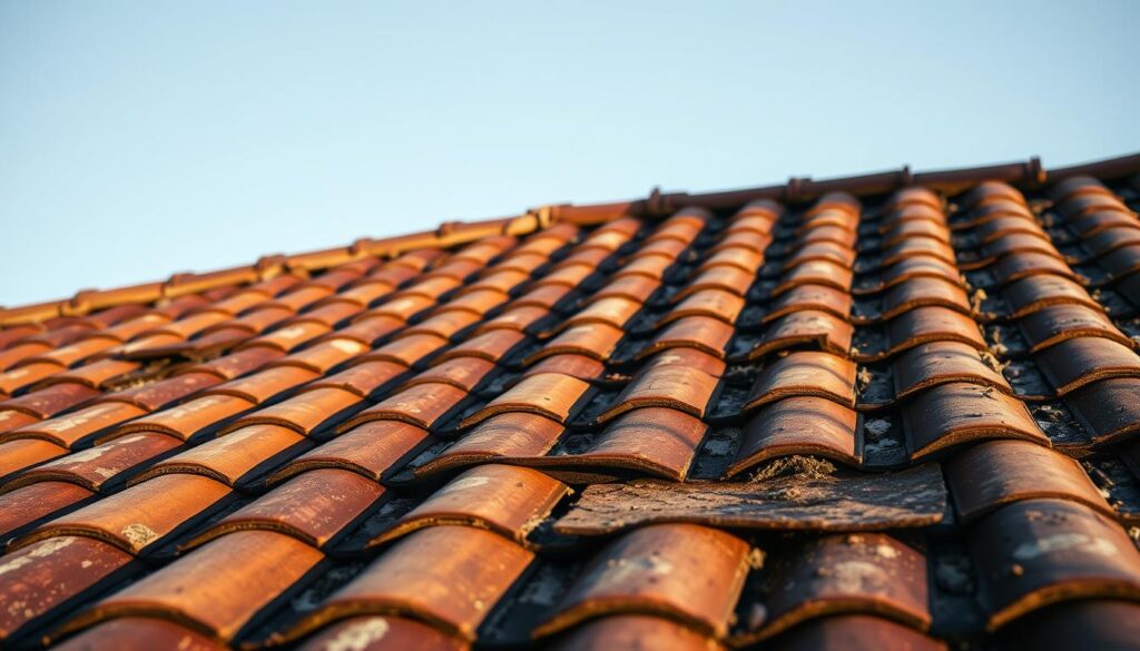 A weathered roof, its tiles glistening in the warm afternoon light, stands tall against the backdrop of a clear Melbourne sky. Intricate patterns of shadows and highlights dance across the surface, accentuating the rugged texture and age of the materials. In the foreground, a close-up view showcases the individual tiles, each one unique, revealing the craftsmanship and care that went into their installation. The angle of the shot captures the gentle slope of the roof, suggesting the shelter and protection it provides the home beneath. The overall scene conveys a sense of resilience and the importance of regular maintenance, setting the stage for the article's focus on storm season plumbing tips.