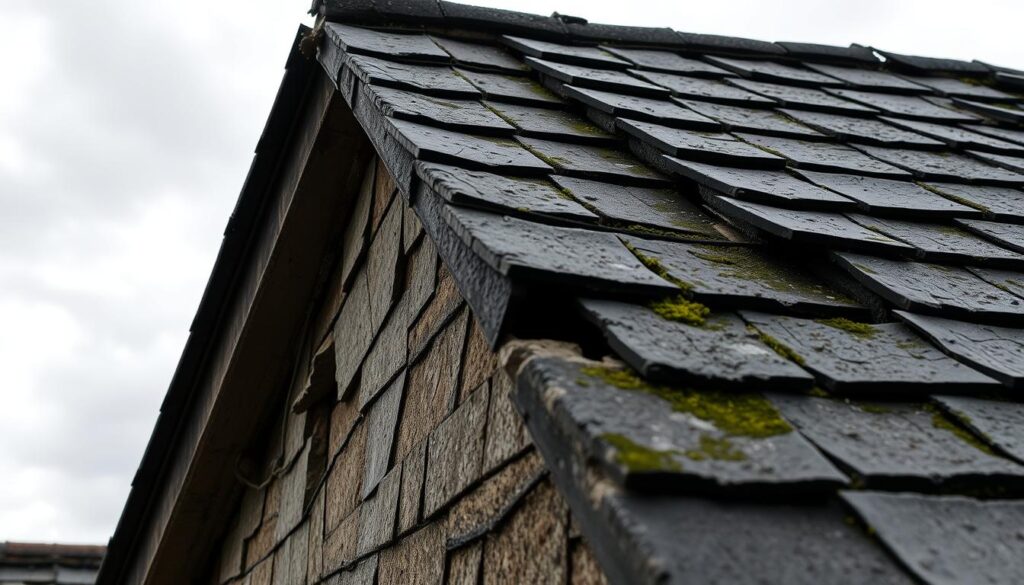 A weathered slate roof with visible signs of deterioration. In the foreground, cracked and missing tiles expose the underlying structure, allowing water to seep in. Damp stains and moss growth are visible, indicating prolonged moisture exposure. The middle ground showcases a closer view of the roof's edges, where flashing has become loose or damaged, creating vulnerable entry points for leaks. The background features a cloudy, overcast sky, casting a somber, moody tone that emphasizes the urgency of addressing these heritage roof issues. Dramatic lighting casts shadows that accentuate the textures and imperfections, creating a sense of visual tension and the need for restoration.
