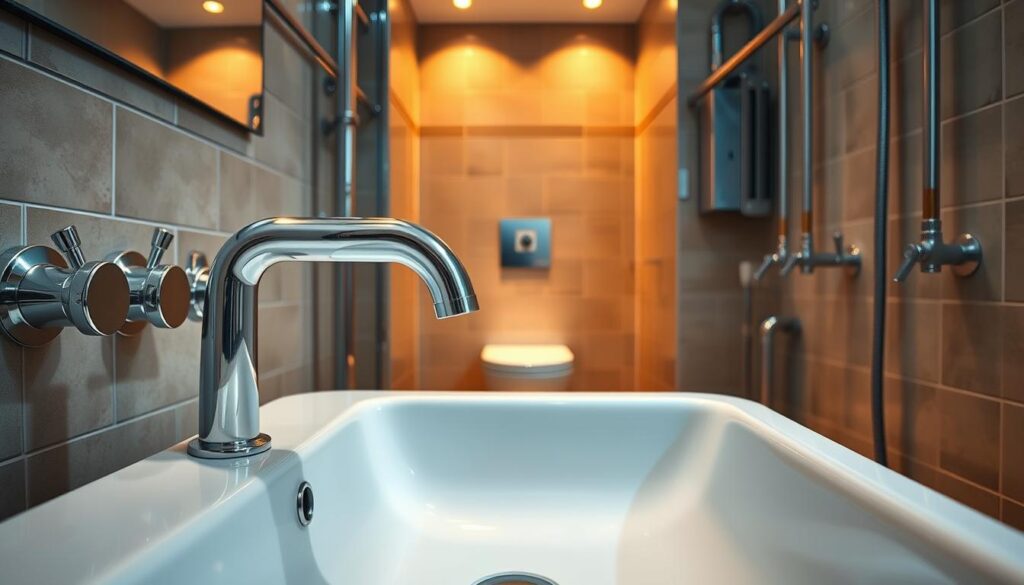 A well-designed, meticulously crafted bathroom interior with top-of-the-line plumbing fixtures. Gleaming chrome faucets, pristine porcelain sinks, and sleek, modern piping adorning the walls. Warm, diffused lighting highlights the seamless integration of form and function. The scene exudes a sense of luxury and attention to detail, conveying the quality and craftsmanship of the plumbing work. In the foreground, a basin faucet gracefully arches over a deep, rectangular sink, its polished surface reflecting the surrounding space. In the middle ground, a wall-mounted toilet with a concealed tank blends seamlessly into the tiled backdrop. The overall atmosphere is one of sophistication, cleanliness, and an unwavering commitment to excellence.