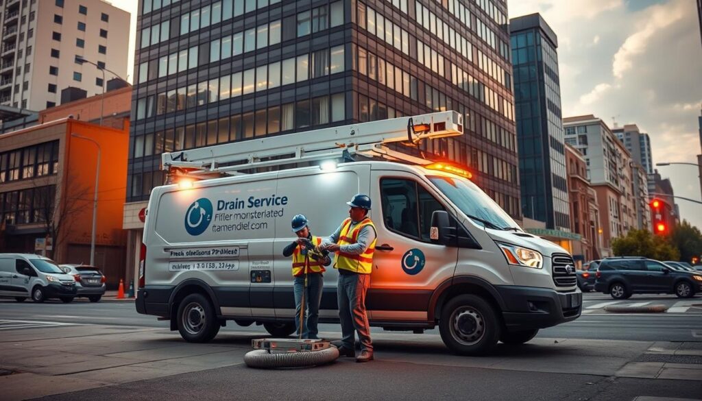 A well-equipped drain service van parked in front of a multi-story commercial building, its workers dressed in uniforms and safety gear, using high-tech equipment to inspect and clear a complex network of underground pipes and drains. The scene is illuminated by warm, directional lighting that casts dramatic shadows, conveying a sense of expertise and professionalism. The background features a bustling urban landscape with other buildings and vehicles, suggesting the diverse range of properties and industries serviced by this skilled drain maintenance team.