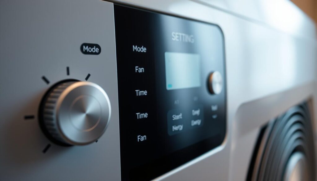 A well-lit and detailed control panel for a heat pump, showing various settings and options. The panel is sleek and modern, with clear labeling and intuitive controls. The foreground features the temperature and mode selection dials, while the middle ground showcases the fan speed, timer, and energy efficiency settings. The background subtly depicts the heat pump itself, hinting at the technical aspects without distracting from the settings interface. The overall atmosphere conveys a sense of precision, control, and the ability to optimize the heat pump's operation for reduced noise without sacrificing comfort.