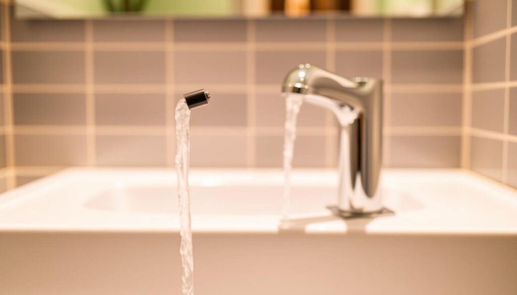 A well-lit bathroom setting, with a shiny, chrome-finished faucet and a stream of hot water flowing from it. The faucet is positioned in the foreground, with a clean, white sink basin and countertop visible in the middle ground. The background features a tiled wall, creating a sense of depth and suggesting a modern, clean aesthetic. The lighting is warm and inviting, highlighting the reflective surfaces and creating a sense of clarity and attention to detail. The overall mood is one of functionality and ease, conveying the idea of a simple, yet effective, way to check the temperature of the water before calling a plumber.