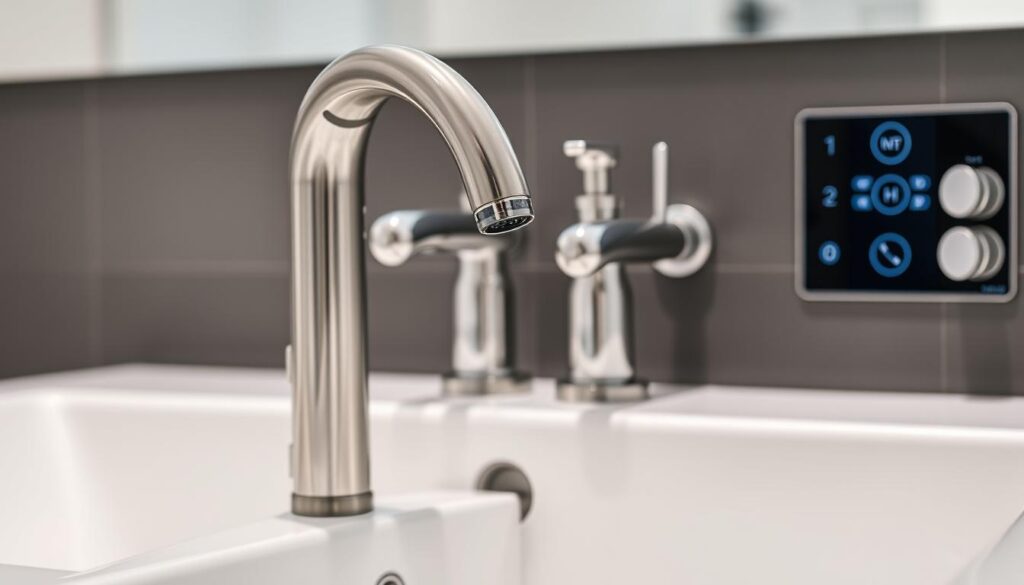 A well-lit, close-up photograph of modern, ease-of-use plumbing fixtures for elderly residents. In the foreground, a sleek, touchless faucet with a curved spout and a user-friendly handle. In the middle ground, a set of accessible, lever-style taps in a polished chrome finish. In the background, a smart control panel with simple, tactile buttons and large, high-contrast display. The image conveys a sense of convenience, safety, and thoughtful design tailored for the needs of the elderly.