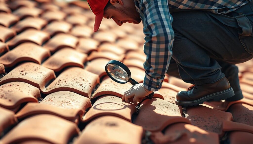 A well-lit, close-up scene of a roof plumber carefully inspecting a tile roof for leaks. The plumber is shown crouching down, closely examining the tiles and underlayment, using a magnifying glass to scrutinize the details. The lighting is warm and natural, with the sun casting soft shadows that accentuate the texture of the tiles. The camera angle is slightly elevated, providing a clear view of the plumber's work. The background is blurred, keeping the focus on the inspection process. The overall mood is one of diligence and attention to detail, conveying the importance of this step in the roof repair process.