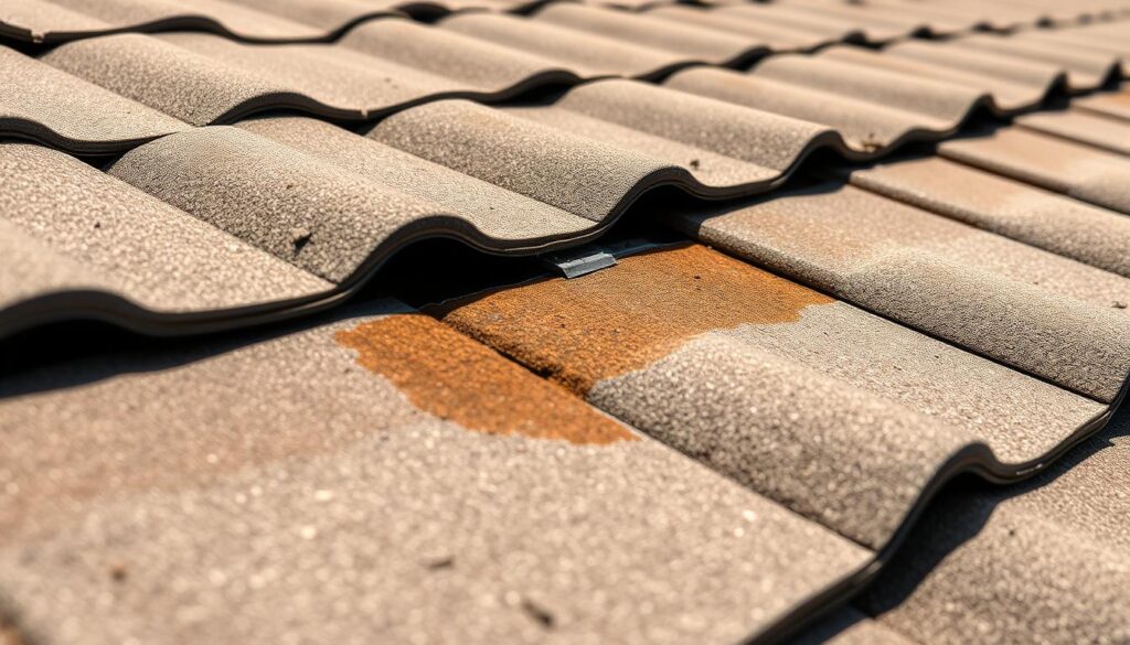 A well-lit, close-up view of a garage roof's surface, capturing the key details that could indicate the source of a leak. The roof tiles or shingles are clearly visible, with textures and patterns that suggest their age and condition. The lighting is bright and natural, casting shadows that highlight any potential cracks, missing sealant, or other imperfections. The perspective is slightly angled, providing a comprehensive overview of the roof's structure and materials. The atmosphere is one of careful inspection, with a sense of diligence and attention to detail, as if the viewer is methodically surveying the roof to pinpoint the origin of the leak.