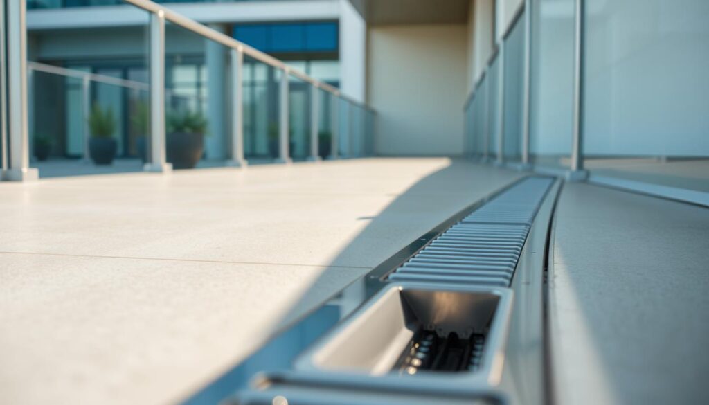 A well-lit, close-up view of a modern balcony, showcasing its drainage system. The foreground features a stainless steel or PVC drainage channel, strategically placed to capture and channel away excess water. The middle ground shows the balcony's surface, with a subtle gradient to facilitate water flow towards the drainage point. In the background, a glimpse of the building's exterior, with clean lines and minimalist architectural details. The lighting is natural, with soft shadows and highlights that accentuate the textural elements of the drainage system. The overall mood is one of functional elegance, conveying the importance of effective balcony drainage in a visually appealing manner.