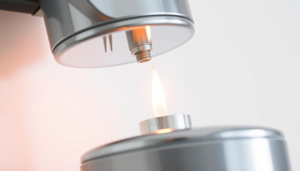 A well-lit, close-up view of a modern, energy-efficient pilot light water heater, showcasing its sleek and compact design. The pilot flame is visible, casting a warm, steady glow against a clean, white background, highlighting the attention to detail and engineering that promotes reliable, consistent operation. The water heater's metal casing reflects the light, creating a polished, professional appearance that conveys the product's quality and durability. The overall composition emphasizes the pilot light's role in maintaining the water heater's functionality, aligning with the article's focus on preventing outages and improving efficiency.