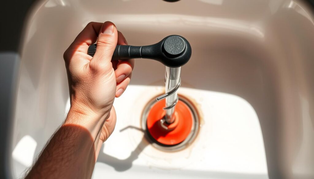 A well-lit, close-up view of a person's hands using a plunger to unclog a gurgling kitchen sink drain. The sink is visible in the background, with droplets of water splashing up from the drain. The hands are firmly gripping the plunger handle, showcasing the technique of using steady, rhythmic thrusts to dislodge the blockage. The lighting is natural, creating dynamic shadows that emphasize the textures of the plunger and sink materials. The overall mood is one of focus and problem-solving, conveying the DIY nature of this common household task.