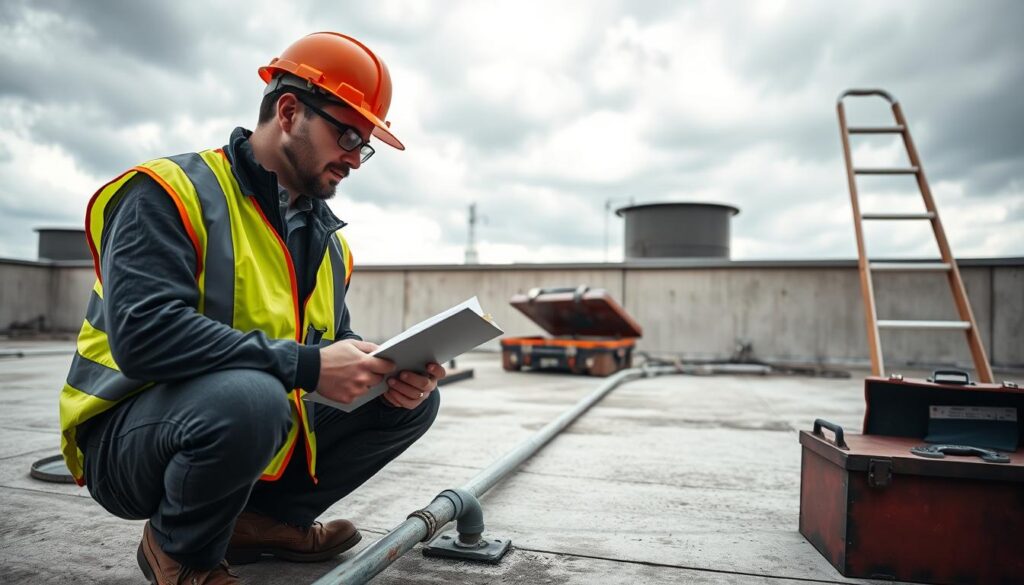 A well-lit commercial rooftop with a plumber closely examining a section of exposed piping, clipboard in hand. The plumber is wearing a hardhat and high-visibility vest, kneeling down to inspect a suspected leak, with a toolbox and ladder visible in the background. The sky is overcast, adding a sense of seriousness to the scene. The camera is positioned at a low angle, emphasizing the scale of the rooftop and the plumber's focused attention on the task at hand. The overall mood conveys a professional, diligent approach to assessing and prioritizing necessary repairs.