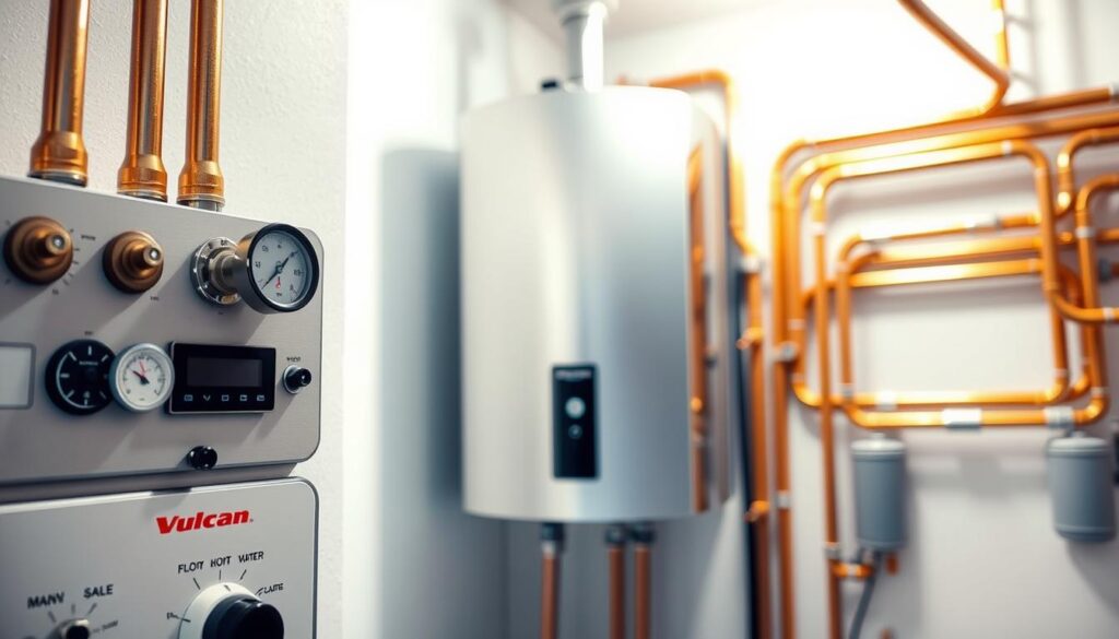 A well-lit, detailed interior scene of a modern residential installation system for a Vulcan hot water heater. In the foreground, the main control panel with various valves, gauges, and digital displays. In the middle ground, the wall-mounted hot water tank, its sleek stainless steel casing reflecting the overhead lighting. The background shows the network of copper piping, expertly routed and connected, conveying a sense of efficient, professional installation. The overall mood is one of technical sophistication and attention to detail, appropriate for a high-quality Vulcan system.