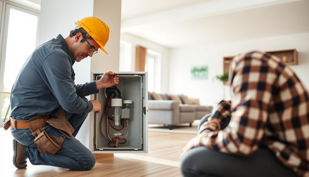 A well-lit, detailed scene of a landlord's agent inspecting and repairing a rental property's hot water system. The agent, wearing a hardhat and toolbelt, kneels beside an open access panel, examining the internal components with a focused expression. In the background, the interior of the rental home is visible, with clean, modern furnishings and natural light streaming in through large windows. The overall atmosphere conveys a sense of diligence and professionalism as the agent attends to their responsibilities for maintaining the rental property's hot water infrastructure.
