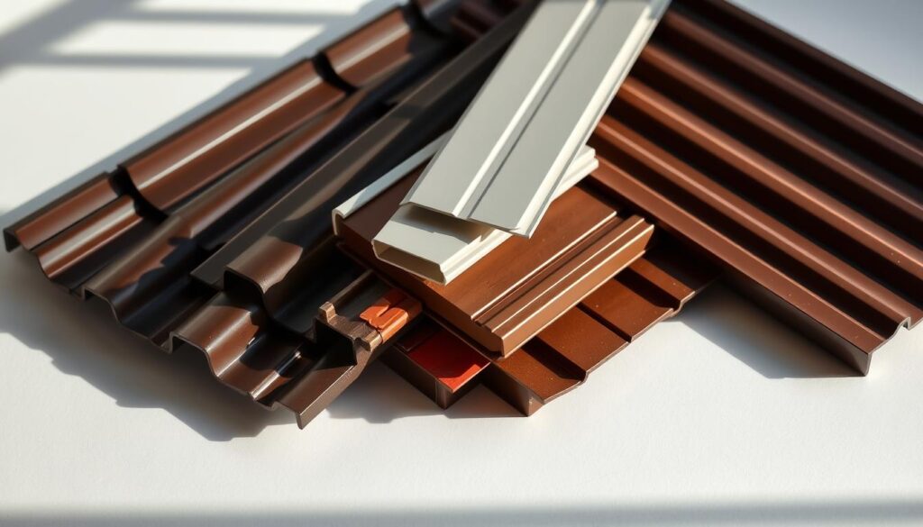 A well-lit, detailed still life composition showcasing a variety of colorbond steel products, including roofing sheets, gutters, and fascia boards. The items are arranged on a clean, minimalist surface, allowing their unique textures, finishes, and colors to take center stage. Soft, directional lighting from the side creates subtle shadows, emphasizing the dimensional qualities of the materials. The overall mood is one of refined elegance and thoughtful design, reflecting the high-quality craftsmanship of the colorbond steel products. The composition is balanced, with the items strategically placed to create a visually appealing and harmonious display.