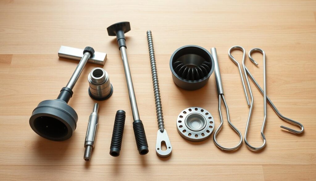 A well-lit, high-angle studio shot of an assortment of drain cleaning tools for the kitchen sink, including a sink plunger, a steel pipe snake, a drain auger, a drain cleaning brush, and a set of specialty sink cleaning hooks. The tools are arranged neatly on a wooden surface, with a soft, neutral background that allows the tools to take center stage. The lighting is bright and natural, highlighting the metallic textures and details of the tools. The composition is balanced, drawing the viewer's eye to the various tools and conveying a sense of utility and efficiency for the task of clearing a blocked kitchen sink.