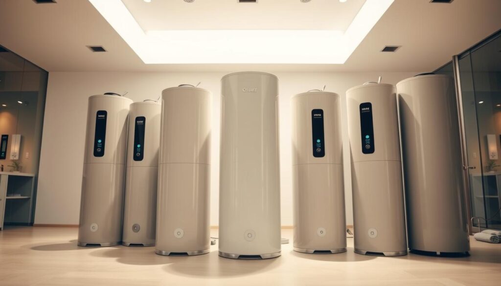 A well-lit, high-angle view of a group of modern, energy-efficient water heaters displayed in a spacious, clean showroom setting. The heaters have sleek, minimalist designs in neutral tones, showcasing their advanced features and technological innovations. The lighting is soft and diffused, creating a warm, inviting atmosphere that highlights the products' quality and reliability. The background is slightly blurred, allowing the water heaters to be the focal point, drawing the viewer's attention to their impressive capabilities and suitability for various residential and commercial applications.