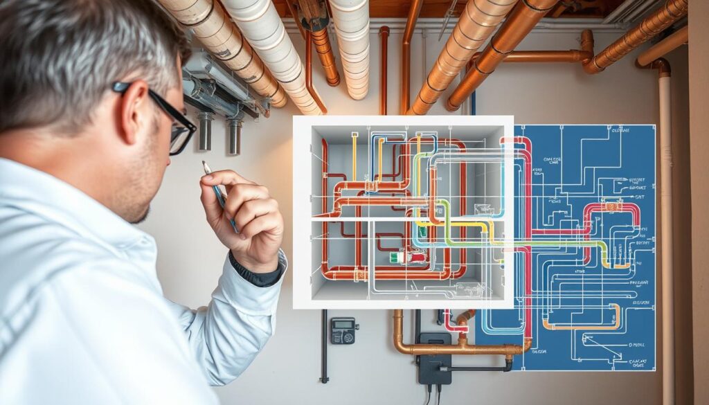 A well-lit, high-resolution scene showcasing a strata building's plumbing system. In the foreground, a technician inspects a series of exposed pipes, checking for signs of wear or damage. The middle ground features a cutaway view of the building's infrastructure, revealing intricate networks of copper and PVC piping snaking through the walls and floors. In the background, a schematic diagram highlights the overall plumbing layout, color-coded to indicate different systems and zones. The scene conveys a sense of order, professionalism, and attention to detail, reflecting the importance of preventative maintenance and compliance in strata property management.