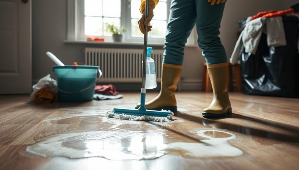 A well-lit home interior scene with a person wearing protective gear, such as rubber gloves and boots, cleaning up a sewer spill on the floor. The person is using a mop and disinfectant solution to scrub the affected area. In the background, there is a window providing natural light, and various cleaning supplies like a bucket, rags, and a trash bag are visible. The overall atmosphere conveys a sense of care and diligence in addressing the spill safely and effectively.