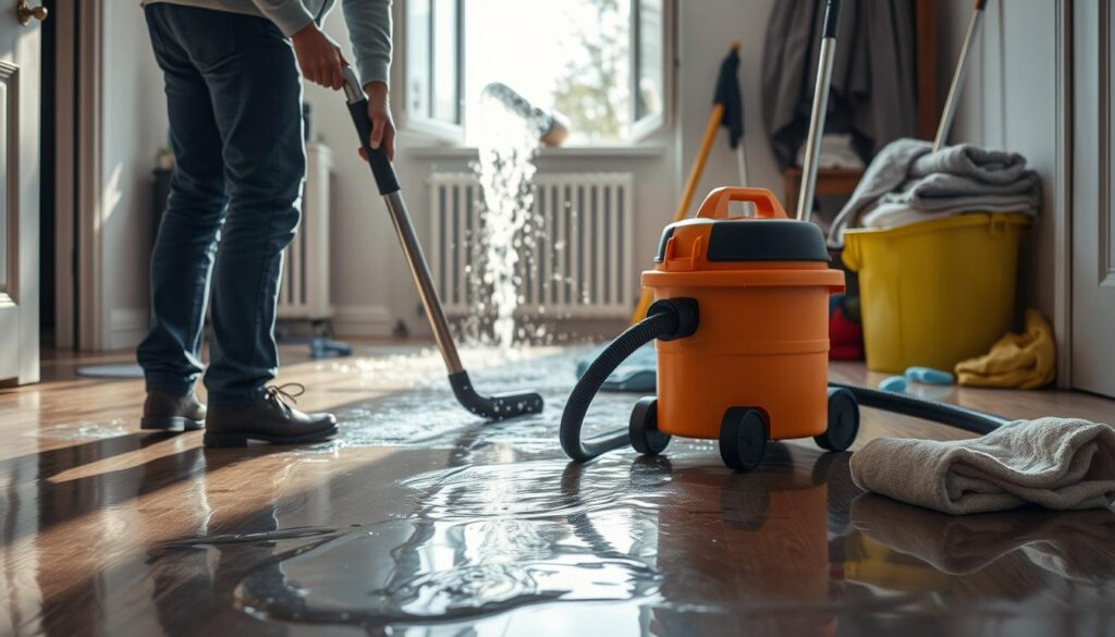 A well-lit indoor scene depicting a burst pipe emergency. In the foreground, a person is using a wet/dry vacuum to quickly extract pooled water from the floor. Nearby, there are towels, mops, and other drying equipment ready for use. The middle ground shows a damaged pipe with water gushing out, highlighting the need for rapid containment. In the background, an open window allows natural light to stream in, creating a sense of urgency and the need to dry the area as soon as possible. The overall mood is one of focused, decisive action to minimize the extent of water damage.