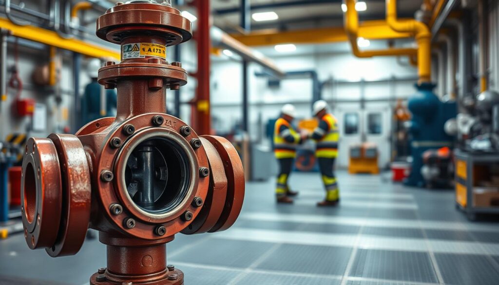 A well-lit industrial setting, with a sturdy pressure and temperature relief valve prominently displayed in the foreground. The valve's intricate mechanisms and safety features are clearly visible, showcasing its robust construction. In the middle ground, a team of technicians in safety gear meticulously inspecting the valve, ensuring proper installation and function. The background features a compliant, organized workshop environment, complete with safety signage and equipment, conveying a sense of professionalism and adherence to regulations. The overall atmosphere is one of diligence, precision, and a commitment to safety protocols in the Australian context.