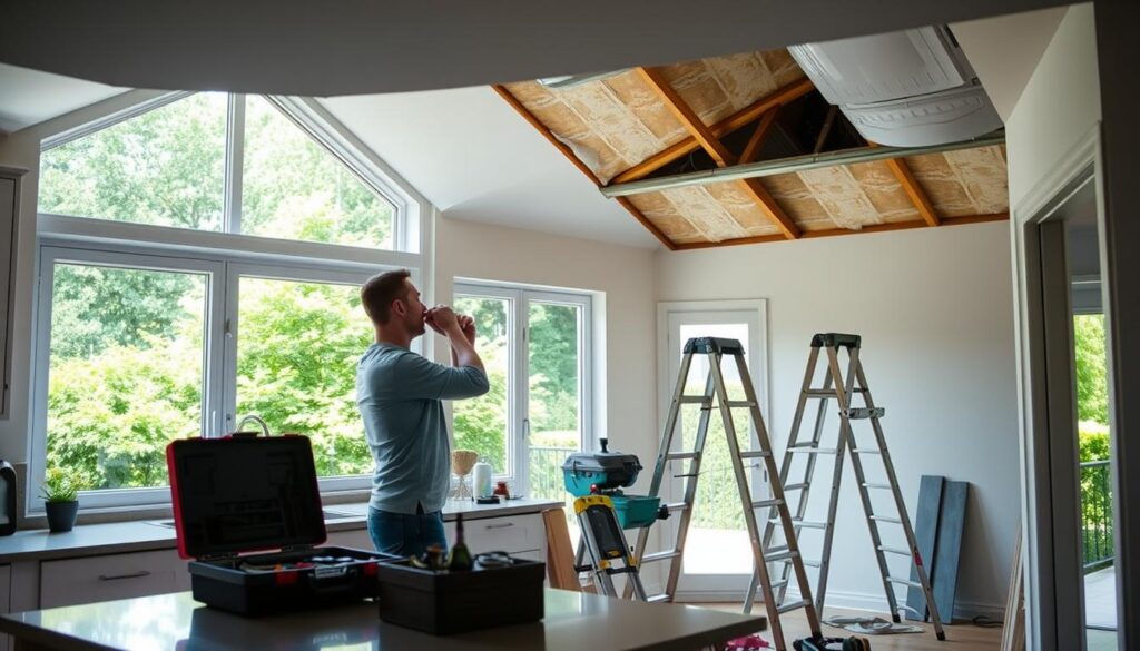 A well-lit interior scene depicting a modern kitchen with a large window overlooking a lush, green backyard. In the foreground, a homeowner is standing next to an open toolbox, examining a pipe or faucet. In the middle ground, a stepladder and various tools are neatly arranged, suggesting ongoing renovation work. The background features a partially removed ceiling, exposing the roof structure and insulation. The overall mood is one of attentiveness and problem-solving, with a focus on preventing future water damage during the renovation process.