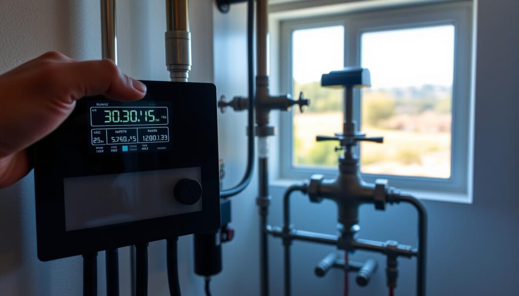 A well-lit interior scene featuring a solar hot water system control panel with a digital display showing real-time performance metrics. In the foreground, a hand points to the display, highlighting key readouts. In the middle ground, pipes and valves suggest the system's interconnected components. The background depicts a window overlooking a sunny outdoor landscape, underscoring the system's reliance on solar energy. The overall atmosphere conveys a sense of monitoring, analysis, and proactive maintenance of the system's operation.