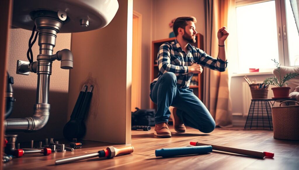 A well-lit, interior scene showcasing two distinct job scenarios. In the foreground, a plumber kneeling by an exposed sink pipe, examining a problem. Detailed tools and equipment nearby. In the middle ground, a handyman inspecting a wall-mounted light fixture, contemplating the repair. Warm, inviting lighting casts a comfortable ambiance. The background hints at a cozy, residential setting with tasteful decor. The overall composition conveys a sense of professionalism and the expertise required for each specialized task.