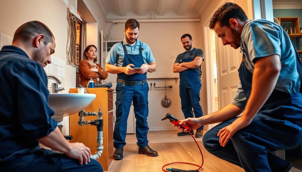 A well-lit interior scene showing a team of professional plumbers and technicians providing emergency assistance during a home plumbing crisis. The foreground features a plumber in a blue uniform kneeling beside a sink, inspecting the pipes and fittings. The middle ground shows another technician handing tools to the plumber, with a third worker standing by, ready to assist. In the background, a worried homeowner observes the scene, with the home's damaged wall and exposed pipes visible. The lighting is warm and inviting, conveying a sense of competence and care. The overall atmosphere is one of calm reassurance and efficient problem-solving.