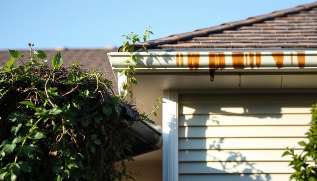 A well-lit outdoor scene, showcasing the tell-tale signs of blocked gutters. In the foreground, overgrown vegetation and debris clog the gutters, casting unsightly shadows on the home's facade. The middle ground features the home's roofline, with water stains and discoloration visible, indicating poor drainage. In the background, a clear blue sky creates a sense of contrast, drawing the eye to the problematic gutters. The overall composition emphasizes the subtle yet noticeable cues that homeowners can spot to identify the need for gutter maintenance, captured in a realistic, documentary-style perspective.