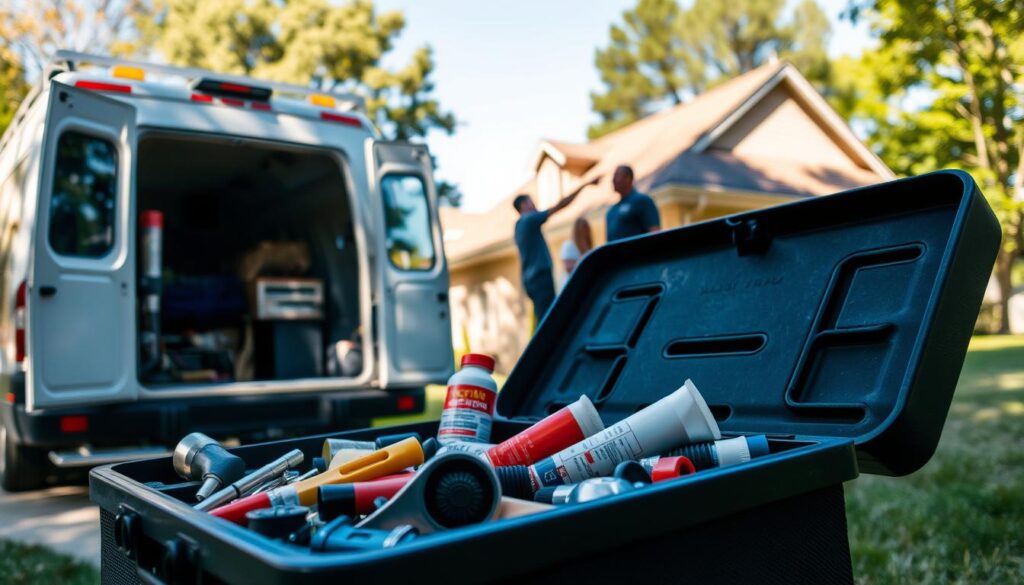 A well-lit service van parked outside a residential home, its workers inspecting a roof leak. In the foreground, an open toolbox displays an assortment of plumbing tools and sealants. The middle ground shows the workers examining the roof, pointing to the source of the leak. In the background, the house's exterior is visible, with surrounding trees and a clear blue sky. The scene conveys a sense of professionalism and expertise, with the workers taking a methodical approach to accurately diagnosing and repairing the leak.