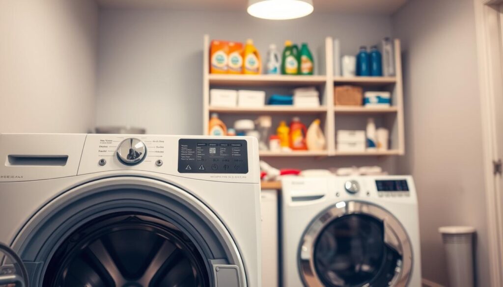 A well-lit, spacious laundry room with a front-loading washing machine in the foreground. The machine's interior is visible, showcasing its clean, well-maintained components. In the middle ground, an assortment of cleaning tools and supplies, including a brush, lint roller, and a partially open washing machine door, suggesting an ongoing maintenance task. The background features shelves with neatly organized detergents, fabric softeners, and other laundry essentials. The overall atmosphere conveys a sense of order, cleanliness, and attention to detail, reflecting the importance of preventative habits for keeping washing machine drains clear.