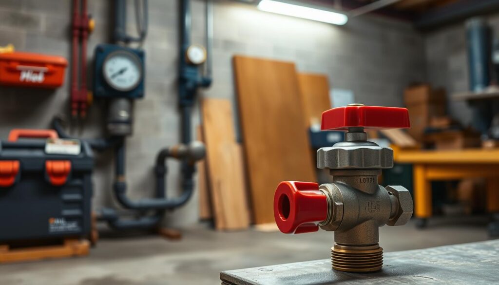 A well-lit workshop interior, with a gas meter mounted on the wall. In the foreground, a plumber's toolbox and a temporary gas isolation valve, its red handle prominently displayed. The middle ground features a gas pipe with a shut-off valve, partially obscured by the toolbox. The background depicts the workshop's concrete floor and a workbench, conveying a sense of order and safety. The overall mood is one of controlled, professional isolation of the gas supply, ready for a licensed fitter to arrive and complete the necessary repairs.