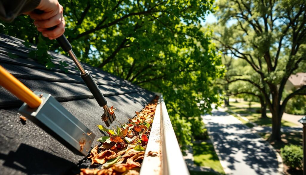 A well-maintained gutter system in a leafy suburban neighborhood, captured on a bright, sunny day. In the foreground, a person using a gutter cleaning tool, carefully extracting leaves and debris from the gutter's trough. The middle ground reveals the gutter's clean, seamless appearance, contrasting with the lush, green foliage of nearby trees. In the background, a residential street lined with mature trees casts dappled shadows, creating a peaceful, serene atmosphere. The image conveys the importance of regular gutter maintenance in preserving the natural beauty and functionality of a suburban landscape.
