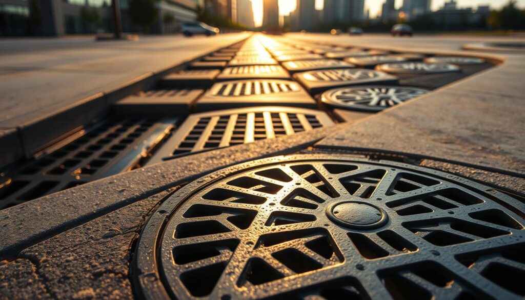A well-maintained network of stormwater drains, their grates glistening under the warm afternoon sun. Concrete channels wind through the urban landscape, efficiently funneling excess rainwater away from buildings and roads. The drains are strategically placed, their angular designs directing the flow with precision. In the foreground, a close-up view showcases the intricate metalwork of a sturdy drain cover, its pattern a testament to functional aesthetics. The mid-ground features a series of drains receding into the distance, their uniform spacing and alignment suggesting a coordinated, comprehensive system. In the background, the cityscape rises, its modern architecture complementing the practical infrastructure below.
