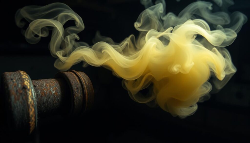 A wispy, pale-yellow cloud of hydrogen sulfide gas, emanating from a rusty, corroded metal pipe. The gas billows and swirls, casting an eerie, ominous atmosphere. The background is dimly lit, with a sense of stagnation and decay. Subtle shadows and highlights accentuate the ethereal nature of the gas, as it drifts and dissipates. The scene is captured with a wide-angle lens, providing a sense of scale and depth, emphasizing the pervasive and unsettling presence of the noxious fumes. The overall mood is one of unease and disquiet, reflecting the potentially hazardous nature of the hydrogen sulfide gas.