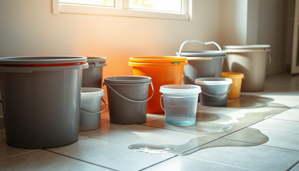 Buckets of various sizes and materials, arranged in a practical, organized manner on a tiled floor. The buckets are made of durable plastic, with sturdy handles and a matte finish, ready to contain and control a water leak. Bright, natural lighting filters in through a nearby window, casting a warm, inviting glow on the scene. The composition emphasizes the buckets' functionality and accessibility, suggesting they are readily available to assist in a water emergency. The overall atmosphere is one of preparedness and control, hinting at the ability to quickly respond to and mitigate a water leak situation.