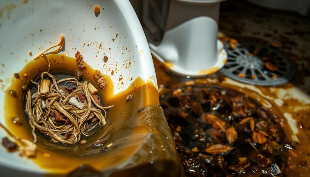 Detailed close-up of a clogged drain with visible debris, blockage, and standing water. In the foreground, a wet, slimy sink drain with a tangle of hair, food scraps, and grime. In the middle ground, a partially blocked toilet bowl with murky water and paper waste. In the background, a floor drain with a thick layer of sludge and leaves. The lighting is harsh and unflattering, casting shadows that highlight the unsightly nature of the blocked drains. The overall scene conveys a sense of neglect and poor plumbing maintenance.
