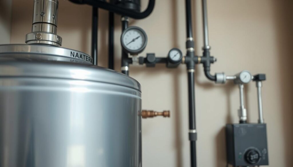 Detailed close-up of a modern hot water system, capturing the intricate plumbing components in a well-lit, clean, and professional setting. The foreground features the main water tank, its metallic exterior gleaming under soft, diffused lighting, conveying a sense of reliability and efficiency. The middle ground showcases the various valves, gauges, and connections, highlighted with muted colors and subtle shadows to emphasize their technical nature. In the background, a minimalist, neutral-toned wall provides a clean, uncluttered backdrop, allowing the hot water system to take center stage. The overall composition and lighting create a sense of confidence and expertise, perfectly suited to illustrate the "Hot water after hours" section of the article.
